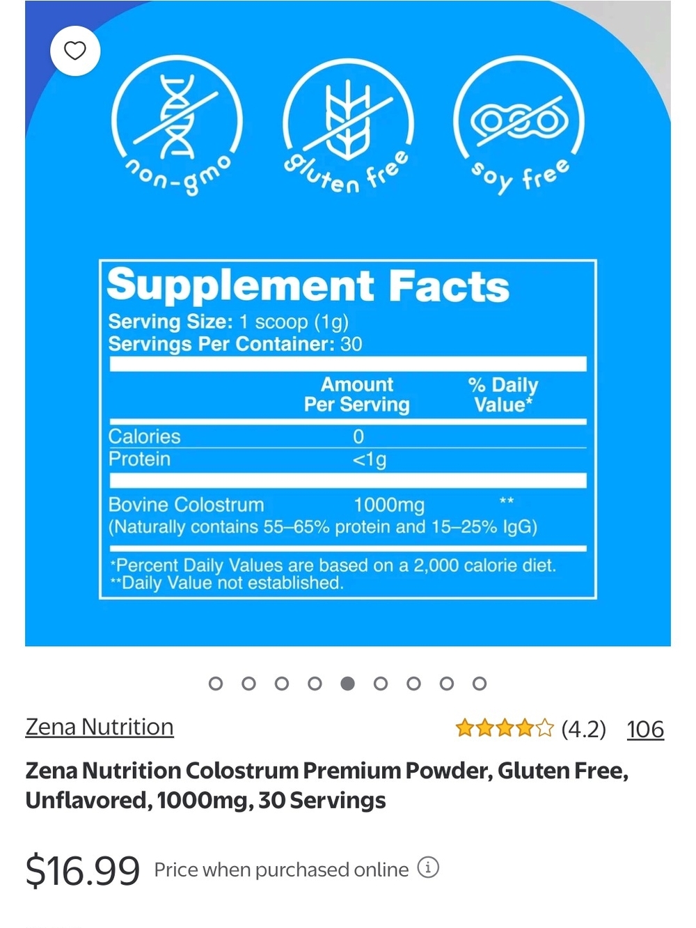 Zena Nutrition Pure Colostrum 1000mg - Blue Tub - Picture 2 of 4